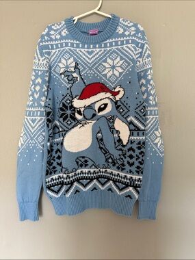 Disney Stitch Youth Ugly Christmas Sweater Blue Snowflake Fair Isle Knit Medium